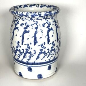 Bybee Stoneware Pottery Blue Spongeware Utensil Crock Jar Farmhouse- READ
